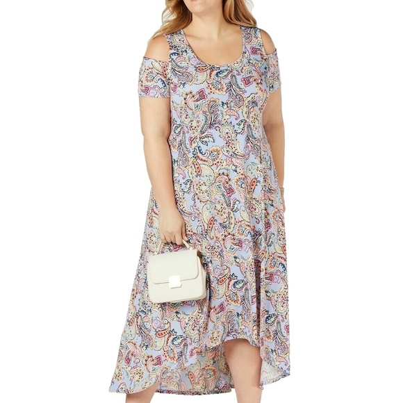NY Collection Women's Multi-Color Paisley Cold Shoulder Midi Dress Plus Sz 2XWP - Picture 2 of 15